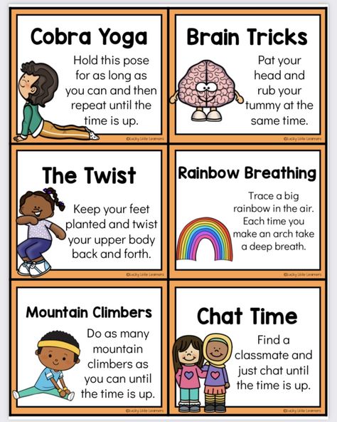 Brain Breaks Elementary, Sensory Walk, Kids Exercise Activities, Pe Lesson Plans, Teaching Lessons Plans, Classroom Songs, Classroom Anchor Charts, Physical Activities For Kids, Creative Curriculum