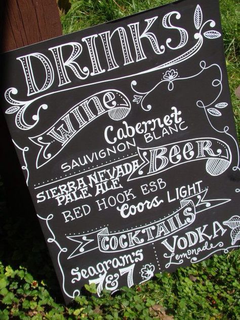 Chalkboard Bar, Chalk Menu, Drinks Sign, Chalk Sign, Chalkboard Lettering, Chalk Lettering, Gold Wedding Theme, Chalkboard Designs, Menu Boards