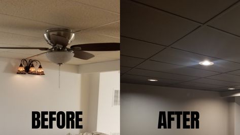 Paint Basement Ceiling Black, Black Basement Ceiling Tiles, Black Painted Drop Ceiling, Black Plywood Ceiling, Black Tile Ceiling Basement, Dark Drop Ceiling, Basement With Black Ceiling Tiles, Salon With Black Ceiling, Salon Black Ceiling