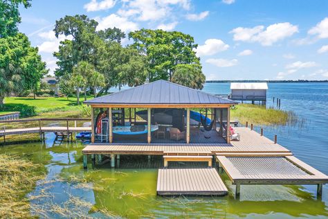 Boat Dock Ideas, Lake House Dock, Lake House Patio, Dock Ideas, Florida House Plans, Lakefront Living, Boat Lift, Boat Dock, Inner Tubes