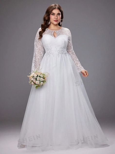 SHEIN LUNE Plus Size Women's Elegant Lace Flowers Long Sleeve Mesh Wedding Dress With Gorgeous Dress | SHEIN USA Lace Long Sleeve Wedding Dress, Mesh Wedding Dress, Plus Wedding Dresses, Satin Formal Dress, Long Sleeve Wedding Dress, White Bridal Dresses, Curvy Bride, Long Sleeve Wedding Dress Lace, Sleeve Wedding Dress