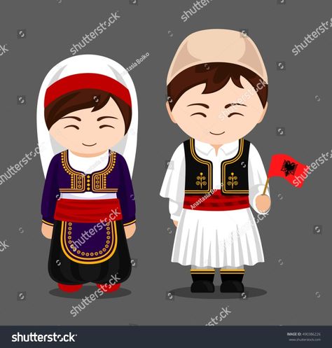 Albania Albanian Costume, Albanian Clothes, Wedding Cartoon, Paper Coloring, Albanian Clothing, Albanian Flag, Albania Flag, Cartoon Sea Animals, Albanian Culture