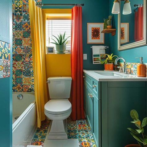 14  Eclectic Small Bathroom Renovation Ideas to Show Personality • 333  Inspiring Lifestyle Ideas Crazy Bathroom Ideas, Small Bathroom Renovation Ideas, Colorful Small Bathroom, Retro Bathroom Ideas, Bathroom Revamp, Blue Bathroom Walls, Eclectic Bathroom Design, Bathroom Renovation Ideas, Funky Bathroom