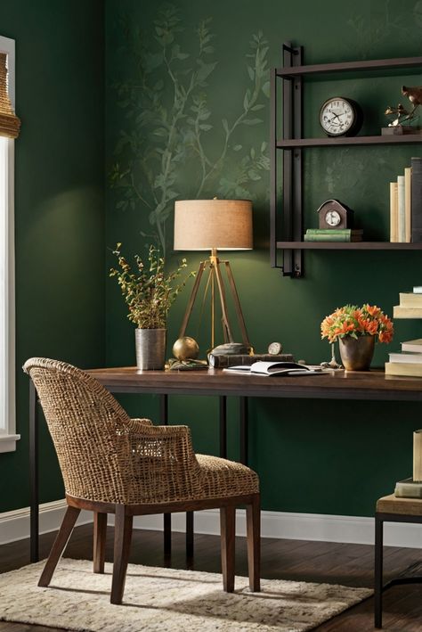 Discover the allure of Forest Hills Green (BM 2137-20) in creating an Enchanted Woodland vibe for your office space. Dive into top paint trends of 2024 for nature-inspired interiors. #Ad #homedecor #homedesign #trendgirlApartment #Painthome #interiorarchitecture Wall Colors Green Room Colors Bright Room office Colors Apartment Renovation Home office Remodeling Modern Paint Colors 2024 Green Office Walls, Forest Office, Classic Office Design, Green Study, Paint Colors 2024, Green Room Colors, Zen Office, Light Green Paint, Room Murals