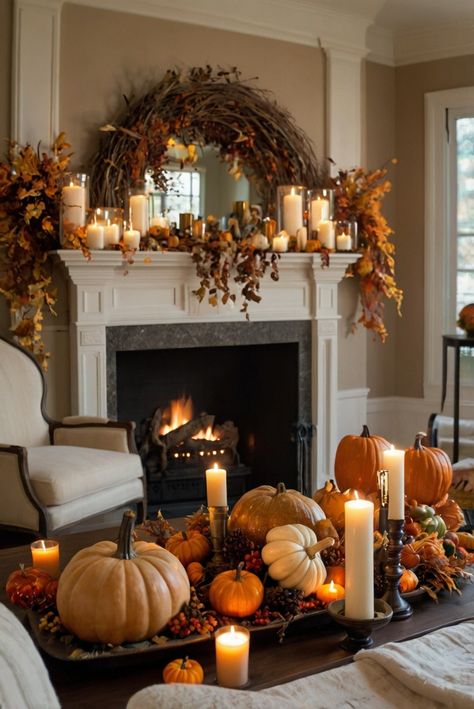 Stunning Thanksgiving Room Decor: Upgrade Your Home with These 5 Ideas - upgradesign.blog Hall Table Fall Decor Ideas, Autumnal Interior Design, Simple Fall Decor Dining Table, Halloween Dining Room Ideas, Thanksgiving Decorations Mantle, Chic Fall Home Decor, Halloween Thanksgiving Decor, Fall Accent Table Decor, Kitchen Island Fall Decor Centerpieces