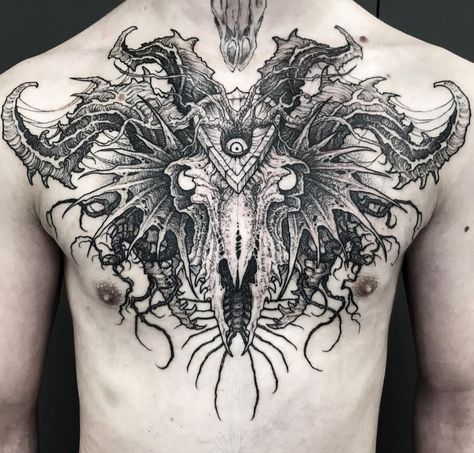 Baphomet Neck Tattoo, Hunting Chest Tattoo, Forest Neck Tattoo, Gothic Chest Tattoo Men, Deer Skull Chest Tattoo, Traditional Chest Tattoo Men, Deer Chest Tattoo, Dark Chest Tattoo, Stag Head Tattoo