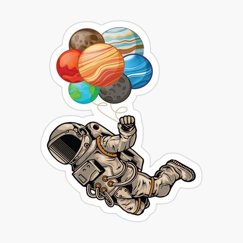 Astronaut Holding Planet Balloons - Astronaut by YueHeng Creates | Redbubble Astronaut Holding Planet Balloons, Balloons Painting, Balloons Drawing, Planet Balloons, Vintage Aesthetic Stickers Printables, Astronaut Sticker, Holding Balloons, Planet Drawing, Balloon Painting