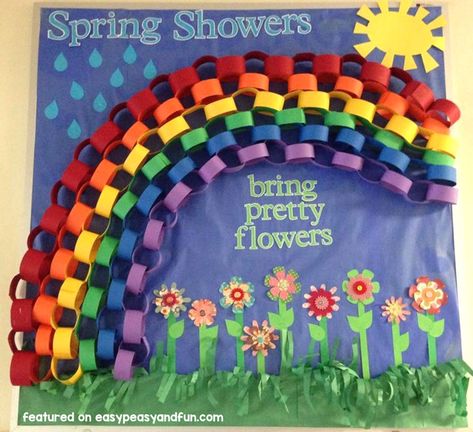 Paper Chain Rainbow Bulletin Board Idea Rainbow Bulletin Boards, March Bulletin Board, Spring Bulletin, Spring Bulletin Boards, Spring Classroom, Preschool Bulletin, Preschool Bulletin Boards, School Displays, Spring Preschool