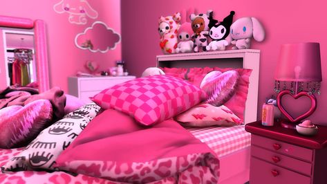 Sanrio Bedroom, Rh Dorm, Sims 4 Cc Furniture Living Rooms, Sims 4 Beds, Y2k Bedroom, Sims Furniture, Y2k Room, Cc Folder, Sims 4 Anime