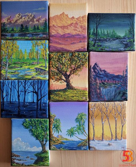 Canvas Art Painting Landscape, Painting Mini Canvas, Art Painting Landscape, Mini Toile, Boho Painting, Small Canvas Paintings, Gouache Art, Canvas Painting Designs, Landscape Art Painting