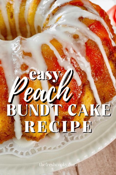 A peach cobbler pound cake recipe from The Fresh Cooky. A peach bundt cake recipe using fresh peaches, but frozen can be used too. High altitude adjustments included Get the recipe thefreshcooky.com #highaltitudecake #peachcake Peaches Cake Mix Recipe, Gluten Free Peach Bundt Cake, Fresh Peach Bundt Cake, Peach Cobbler Bread Recipe, Peach Bundt Cake Easy, Fresh Peach Bundt Cake Recipes, Fresh Peach Cake Mix Recipes, Cake Mix Peach Cake, Easy Peach Cobbler Pound Cake