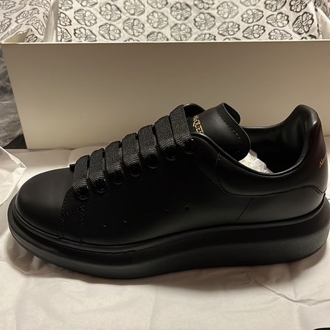 Alexander McQueen Oversized Sole Sneakers All Black Black Mcqueen Sneakers Outfit, Black Snickers Shoes, Luxury Black Sneakers, Black Alexander Mcqueen Sneakers Outfit, Alexander Mcqueen Shoes Black, Alexander Mcqueen Sneakers Outfit, Black Designer Sneakers, Alexander Mcqueen Sneakers Black, Alexander Mcqueen Trainers