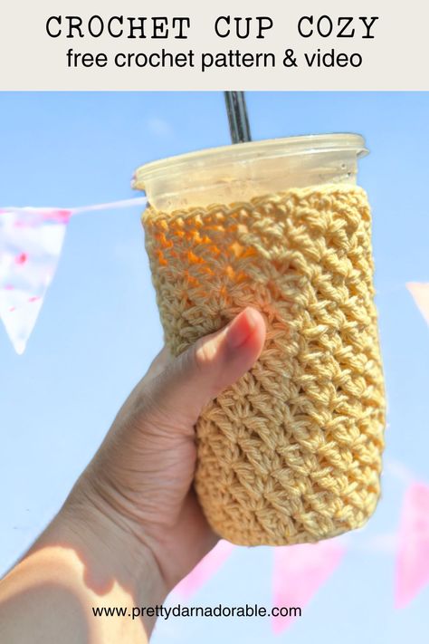 Learn how to crochet a cup cozy with bottom. This free crochet cup cozy pattern with video is perfect for beginners ! Perfect for all occasion the stripes make it easy to customize from Mother's Day, Birthday's and Christmas. Click now to see how easy this cute crochet cup cozy with bottom is to make. Cozy Cup Crochet, Cup Cover Crochet, Drink Cozy Crochet Pattern, Crochet Drink Cozy Free Pattern, Crochet Cup Cozy Free Pattern Simple, Crochet Cup Coozie Pattern, Crochet Koozie Pattern Free, Crochet Can Cozy Free Pattern, Crochet Cup Cozy Free Pattern