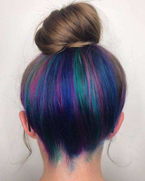 Peekaboo highlights: Backshot of a bun updo with hidden highlights in it Peek A Boo Hair Color, Peek A Boo Hair, Peekaboo Hair Color, Hidden Hair Color, Peekaboo Hair Colors, Underlights Hair, Peekaboo Highlights, Blue Ombre Hair, Hair Color Underneath