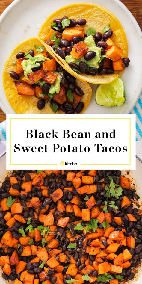 Black Bean And Sweet Potato, Bean And Sweet Potato, Sweet Potato Tacos, Black Bean Tacos, Black Bean Recipes, Potato Tacos, Sweet Potato Black Beans, Bean Tacos, Vegan Sweet Potato