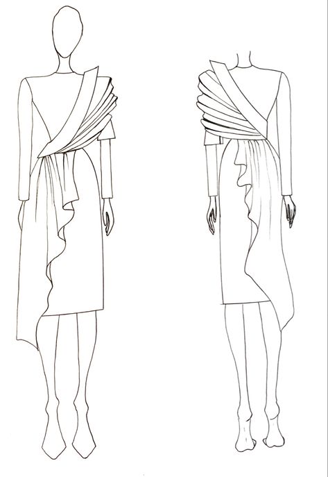 Draped Dress Illustration, Fabric Draping Drawing, Fashion Design Drawings Sketches, Drawing Draping Fabric, Draping Portfolio, Saree Draping Illustration Sketches, Fashion Illustration Tutorial, Fashion Illustration Collage, Fashion Drawing Tutorial