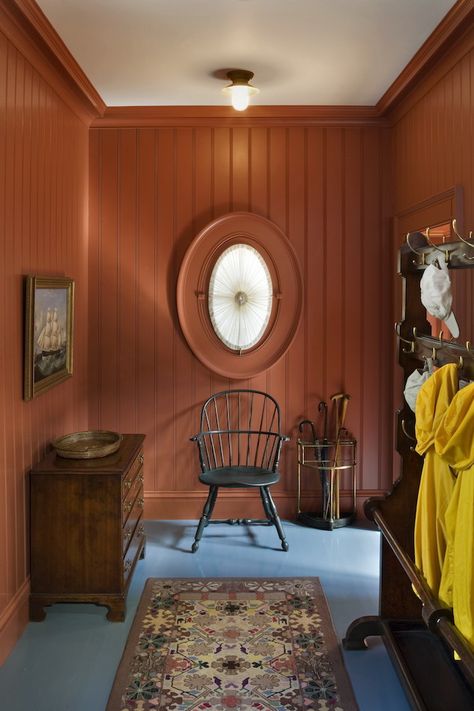 Maine mudroom by Jayne Design Studio Mudroom Design, Orange Interior, Wooden Stairs, Red Rooms, Kitchen Colors, Interior Paint, Interior Inspiration, Kitchen Ideas, Luxury Homes