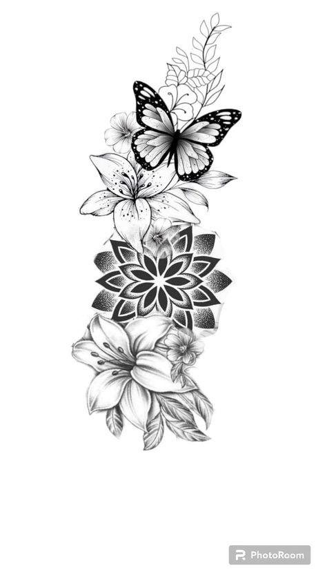 Butterfly And Flower Cover Up Tattoo, Unique Quote Tattoos, Tattoo Mujer, Flower Cover Up Tattoos, Butterfly With Flowers Tattoo, Cute Thigh Tattoos, Floral Mandala Tattoo, Arm Sleeve Tattoos For Women, Lily Flower Tattoos