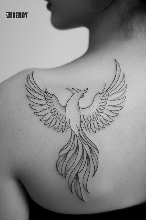 Minimalist flying phoenix tattoo on the shoulder Phoenix Shoulder Tattoo, Minimalist Phoenix Tattoo, Tattoo On The Shoulder, Flying Phoenix Tattoo, Phoenix Feather Tattoos, Phoenix Tattoo Ideas, Small Phoenix Tattoos, Dna Tattoo, Horror Movie Tattoos