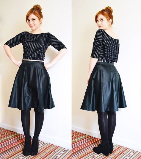 A Moneta Crop Top, a 3/4 Circle Skirt, and a Mammoth — Miss Make Black Circle Skirt Outfit, Mini Circle Skirt, Black Circle Skirt, Circle Skirt Tutorial, Circle Skirt Outfits, Clothing Refashion, Skirt Styling, Sew Clothing, Colette Patterns