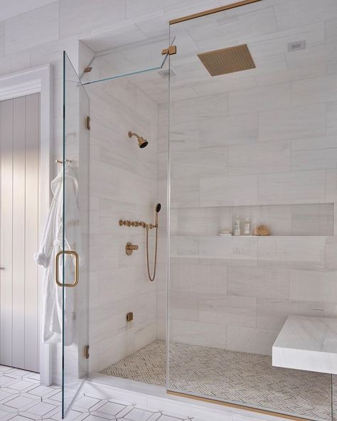 Bathrooms • Instagram Standing Shower Bathroom, Standing Shower Bathroom Ideas, Shower Bathroom Ideas, Michelle Gerson Interiors, Glass Toilet, Tile Walk In Shower, Luxe Bathroom, Standing Shower, Toilet Door