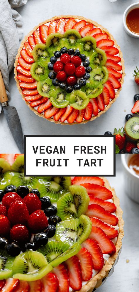 Vegan Fruit Tart Healthy Fruit Tart Recipe, Vegan Fruit Tart, Gluten Free Fruit Tart, Fruit Custard Tart, Halal Desserts, Fruit Tart Recipe Easy, Fruit Tart Filling, Cookie Crust Recipe, Vegan Bakes