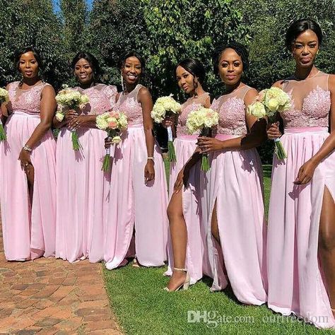 2019 New South Africa Style Bridesmaid Dresses Appliques Side Split Zipper Back Illusion Maid Of Honor Wedding Guest Gown Formal Dresses African Bridesmaids, African Bridesmaid Dresses, Blush Pink Bridesmaids, Lace Chiffon Bridesmaid Dress, Blush Pink Bridesmaid Dresses, Wedding Guest Gowns, Bridesmaid Dresses Boho, Maid Of Honour Dresses, Boho Wedding Dress Lace