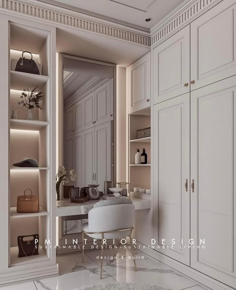 Modern Classic Dressing Table, Modern Classic Closet, Classic Walk In Closet Design, Classical Dressing Room, Classic Dressing Table Design, Walk In Closet Design For Women, Walk In Closet With Makeup Vanity, Classical Dressing Table, Wardrobe With Dressing Table Design