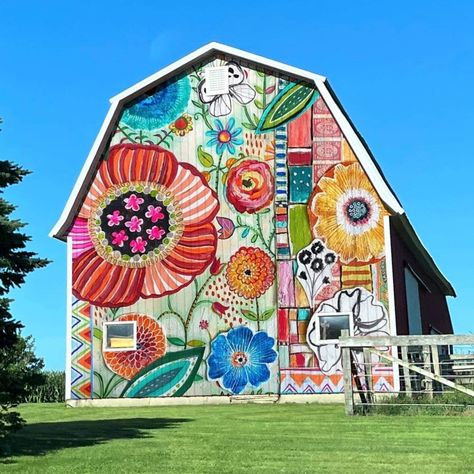 Barn Mural, Exterior Murals, Garden Mural, Barn Painting, Barn Art, Hippie Flowers, Round Top, Barn Door, House Exterior