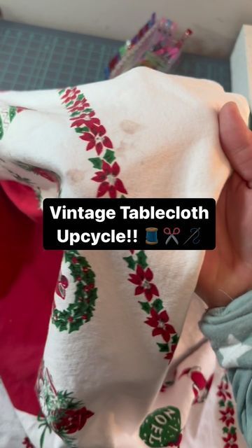 Repurpose Vintage Tablecloths, How To Display Vintage Tablecloths, Repurpose Lace Tablecloth, Old Tablecloth Ideas Upcycle, Clothes From Tablecloths, Vintage Christmas Tablecloth, Upcycling Tablecloths, Upcycle Tablecloth Clothes, Tablecloth Ideas Diy