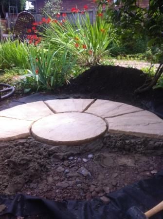 Circular Sitting Area, Half Moon Patio Ideas, Diy Round Patio, Circle Patio Ideas, Circle Around Tree, Round Patio Ideas, Circular Pergola, Patio Extension Ideas, Laying A Patio