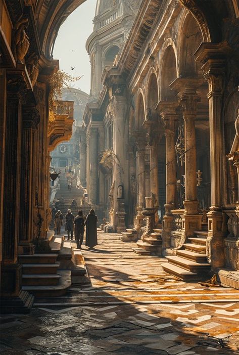 Streets of Ancient Rome Ancient Rome Colosseum, Roman Temple Aesthetic, Ancient Rome Aesthetic Woman, Ancient Rome Fantasy Art, Ancient Kingdom Aesthetic, Ancient Writing Aesthetic, Ancient Mesopotamia Aesthetic, Fantasy Colosseum, Greek Astethic