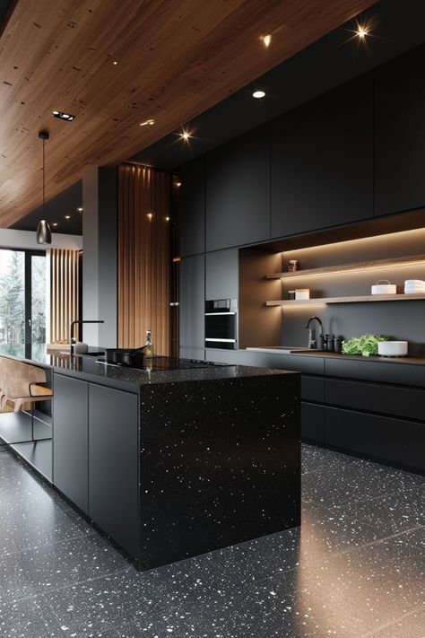 Black Wooden Kitchen, Carbon Kitchen, Dark Modern Kitchen, Luxury Black Kitchen, Luxury Houses Entrance, Modern Black Kitchen, Classy Kitchen, Kitchen Design Modern, Latest Living Room Designs