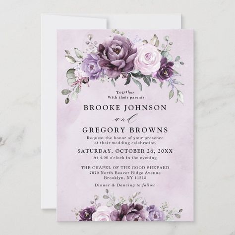 Shades of Dusty Purple Blooms Moody Floral Wedding Invitation Zazzle Wildflower Greenery, Sage Wreath, Moody Floral Wedding, Plum Wedding Invitations, Midsummer Wedding, Moody Botanical, Mauve Wedding, Wedding Invitation Size, Roses Peonies