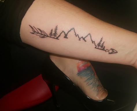 Mountain Life Tattoo, Mountain Line Work Tattoo, Mountain Arrow Tattoo, Mountain Theme Tattoo, Move Forward Tattoo, Move Mountains Tattoo, Mountain Spine Tattoo, Faith Can Move Mountains Tattoo, Hiking Tattoos For Women