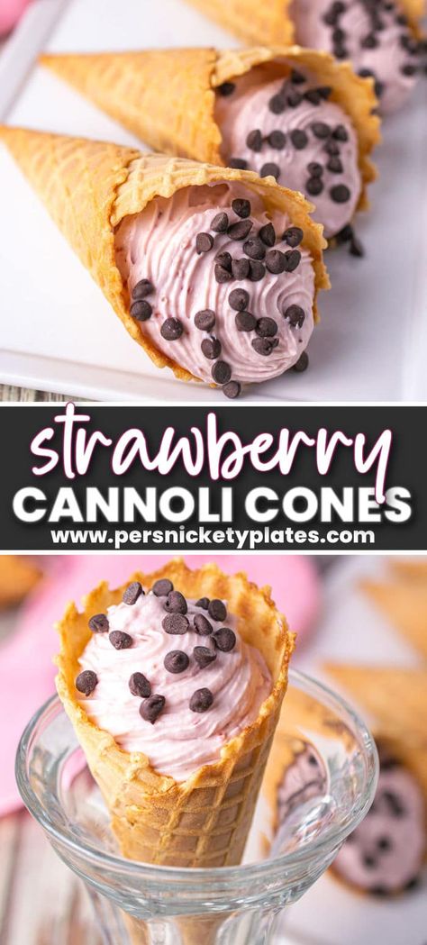 Cone Desserts, Strawberry Cannoli, Cannoli Cones, Cannoli Recipe Easy, Homemade Cannoli, Sweet Ricotta, Persnickety Plates, Waffle Cone Recipe, Cone Dessert