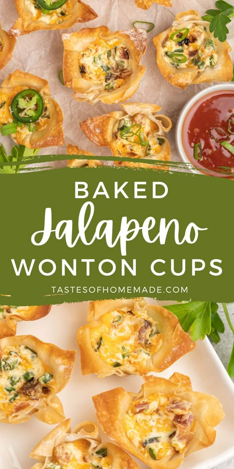 Jalapeño Cream Cheese Bacon Wontons, Jalapeno Wonton Wrapper Recipes, Jalapeno Popper Cupcakes, Chili Relleno Wontons With Jalapeño Soy Sauce, Jalapeno Wonton Cups, Chile Relleno Wonton, Jalepeno Popper Wonton Bites, Jalapeno Cream Cheese Wontons, Cold Wonton Appetizers