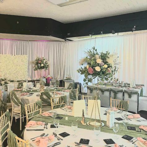 Wedding reception at Tanfield WMC 😍 Sage greens, dusky pinks with a touch of pampas, what a gorgeous combo!! #robinweddingandeventdecor #northeast #sagewedding #socialclub Sage Green And Light Pink Wedding Theme, Sage And Pink Quinceanera Theme, Sage Green And Pink Party, Pink And Sage Wedding Theme, Green And Pink Decorations Party Ideas, Sage Green And Pink Quince, Pink Green Wedding Theme, Green And Pink Quinceanera, Green And Pink Wedding Decor