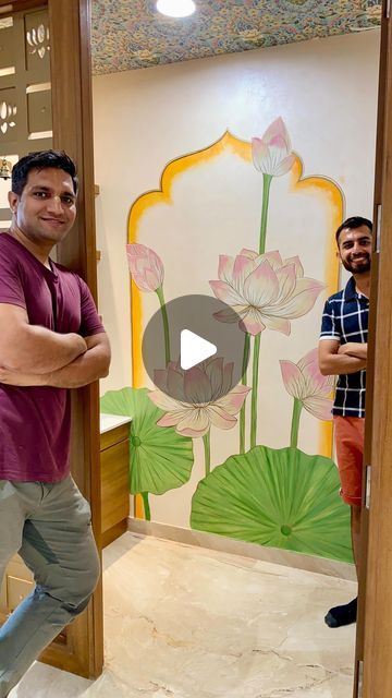 Prakash Garg on Instagram: "Hyderabad Mandir artwork 😇 Made these pastel lotus artwork for a home temple in Hyderabad. DM us if you want to beautify your space with our brush strokes🥰 Acrylic paint on texture wall. This artwork is Inspired by- @ojaswinikambli  Thanks for watching 🙏🏻 . #wallart #wallmural #mandir #templedecor #mandirdecor #hyderabad #indianart #indianartist #lorus #lotusart #pastel #pastelart #artoftheday #minimalart" Wall Painting For Mandir, Pooja Room Wall Painting Ideas, Mandir Wall Art, Krishna Mandir At Home, Pooja Room Wall Painting, Mandir Wall Painting, Lotus Painting On Wall, Diy Temple For Home, Diy Mandir Ideas