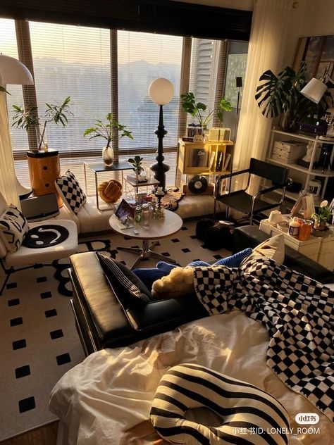 Black And White Aesthetic Room, White Aesthetic Room, Checkered Throw Blanket, O J Simpson, Room Aesthetics, Dekorasi Kamar Tidur, Room Redesign, Apartment Aesthetic, Room Deco