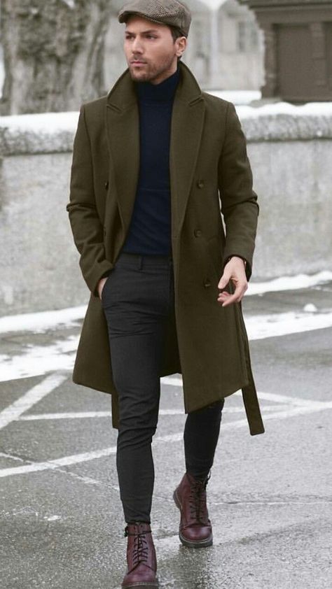 Fall Trench Coat Outfits Men, Chinos And Boots Men's Fashion, Mens Topcoat Outfit, Winter Coat Men Outfit, Olive Coat Outfit Men, Mens Fashion Coats & Jackets, Olive Jacket Outfit Men, Men’s Peacoat, Mens Dr Martens Boots Outfit