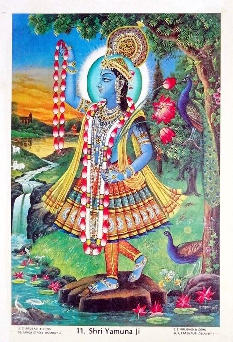 Shri Yamuna Ji Publisher: S. S. Brijbasi & Sons, Bombay. (via eBay: Allegory003) Yamuna Maharani, Yamuna Ji, Deities Art, Hindu Cosmos, Peacock Images, Spiritual Paintings, Krishna Statue, Pichwai Paintings, Gallery Wallpaper