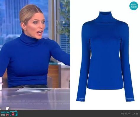 Sara’s blue turtleneck sweater on The View. Outfit Details: https://wornontv.net/271301/ %23TheView Royal Blue Turtleneck Outfit, Royal Blue Sweater Outfit, Blue Turtleneck Outfit, Royal Blue Turtleneck, Sara Haines, Blue Turtleneck Sweater, Blue Turtleneck, Turtleneck Outfit, Mens Plus Size