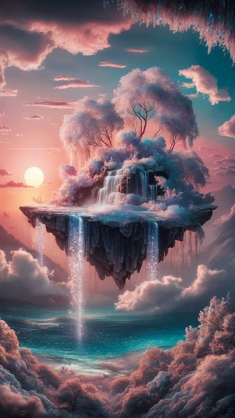 Immerse yourself in a mesmerizing wallpaper featuring a floating island in a dreamlike landscape. Adorned with shimmering waterfalls and iridescent foliage, this enchanting scene captures the beauty of a surreal sunset. Experience the whimsical atmosphere of vibrant colors, towering trees, and a sparkling sea. Perfect for nature and fantasy lovers, this artwork inspires imagination and tranquility. #FloatingIsland #Dreamscape #FantasyArt #Nature Surreal Art Beautiful, Surreal Sunset, Dreamlike Landscape, Beautiful Paintings Of Nature, Magical Island, Floating Islands, Surreal Landscape, Floating Island, Pretty Wallpapers Tumblr