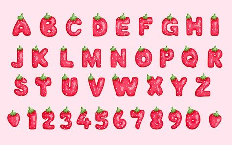 Vector cute strawberry letter font alpha... | Premium Vector #Freepik #vector #strawberry-logo #lettering-alphabet #typography-logo #logo-type Strawberry Alphabet, Strawberry Font, Strawberry Letters, Strawberry Logo, Fruit Letters, Capcut Editing, Alphabet Typography, Summer Font, Cute Typography