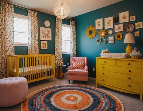 A vibrant eclectic nursery with bold patterns, colorful wall art, and a mix of modern and vintage furniture for a playful and unique space. #Nursery #Eclectic #BoldPatterns #ColorfulWallArt #ModernAndVintage Vibrant Nursery Ideas, Nursery Ideas Maximalist, Eccentric Nursery, Bold Nursery Colors, Bold Nursery Ideas, Eclectic Baby Room, Maximalist Nursery, Nursery Eclectic, Funky Nursery