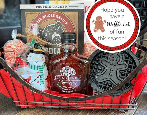 Waffle Themed Christmas Gift for the Whole Family Waffle Basket Gift, Mini Waffle Maker Gift Basket, Waffle Maker Gift Basket Ideas, Family Christmas Baskets Gift Ideas, Christmas Family Basket Gift Ideas, Christmas Family Gift Basket Ideas, Waffle Gift Basket Ideas, Family Christmas Gifts Baskets, Pancake Gift Basket Ideas