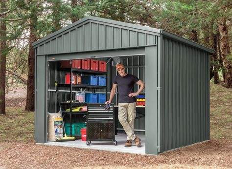 Meet in the middle with a Stubbie Shed 🤝 The Stubbie Shed is an awesome storage solution, bridging the gap between a garden shed and a garage. It features an extremely practical, spacious and easy to maintain pitched roof. Your Stubbie Shed can be fully customised to suit your needs, with options for a massive range of extras including louvre windows & remote controlled roller doors. Shop now 👉 bit.ly/stubshed #Stratco #HowTo #Shed #GardenShed #OutdoorStorage #OutdoorLiving #Garage Stratco Sheds, Brisbane Garden, Building A Wood Shed, Shed Design Plans, Outside Sheds, Small Garden Shed, Building A Storage Shed, Building Permit, Backyard Garage