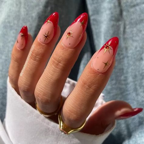 Red Nails Inspo Short Almond, Red Nail Inspo With Gems, Red French Tips With Design, Red Holiday Nails Almond, Nail Art Designs Red And Gold, Red Almond Nails Designs Glitter, Red Crome Nails Acrylic French Tip, Christmas Aura Nails, French Tip Nails Short Almond