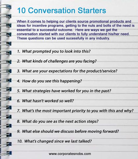 In every case, getting the sale and establishing a business relationship is all about how you start the conversation. Here are 10 conversation starters that we use with our clients to ensure we are clear of their needs. Use these questions as a guide in any industry. Conversation Techniques, Conversation Starters Meeting New People, Small Talk Tips Conversation Starters, Table Discussion Conversation Starters, Networking Tips Conversation Starters, Best Conversation Topics, Networking Questions, Deep Conversation Starters, Advance English